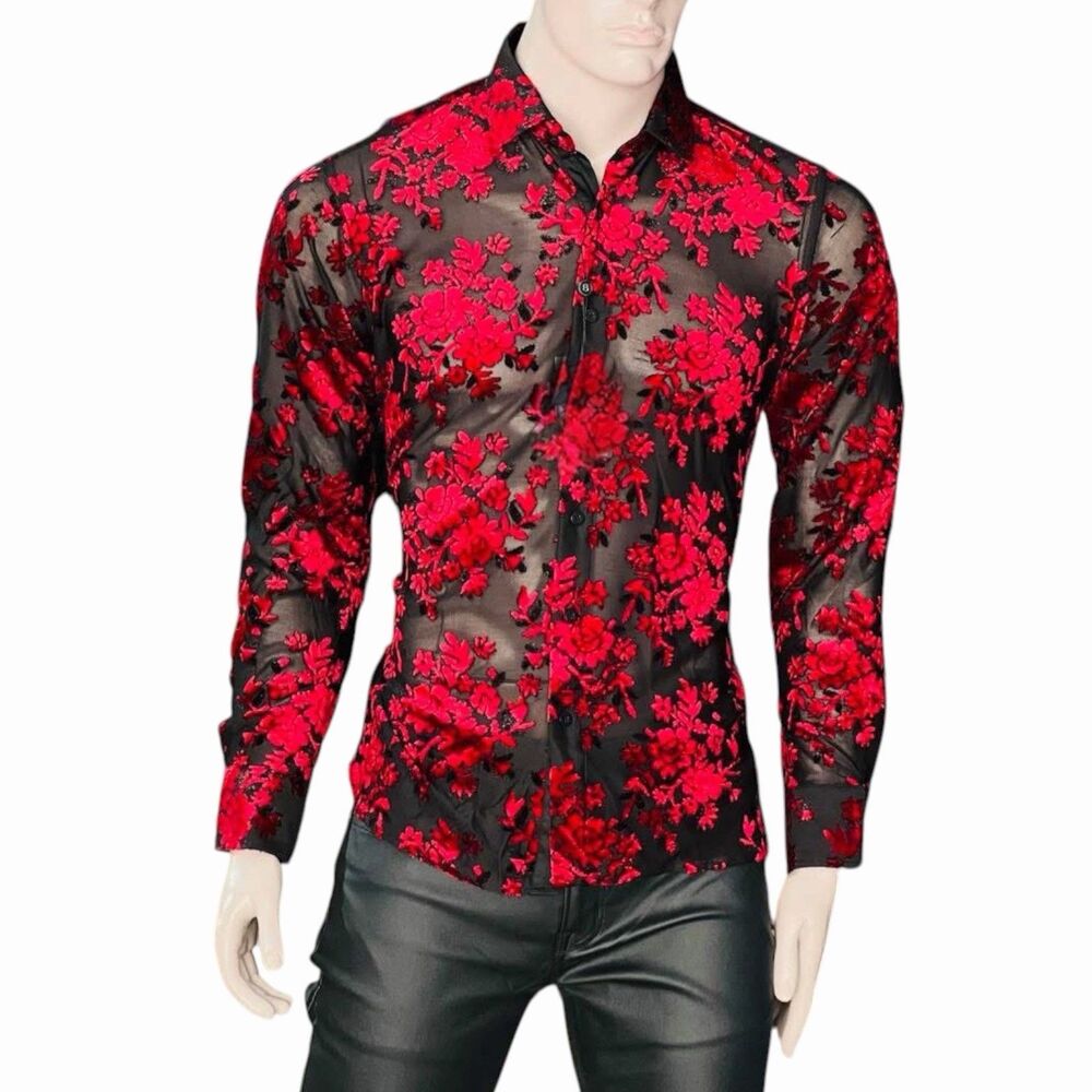 Barabas Cheer Along Floral Velvet Sheer Button Up Long Sleeve Shirt XL Black Red